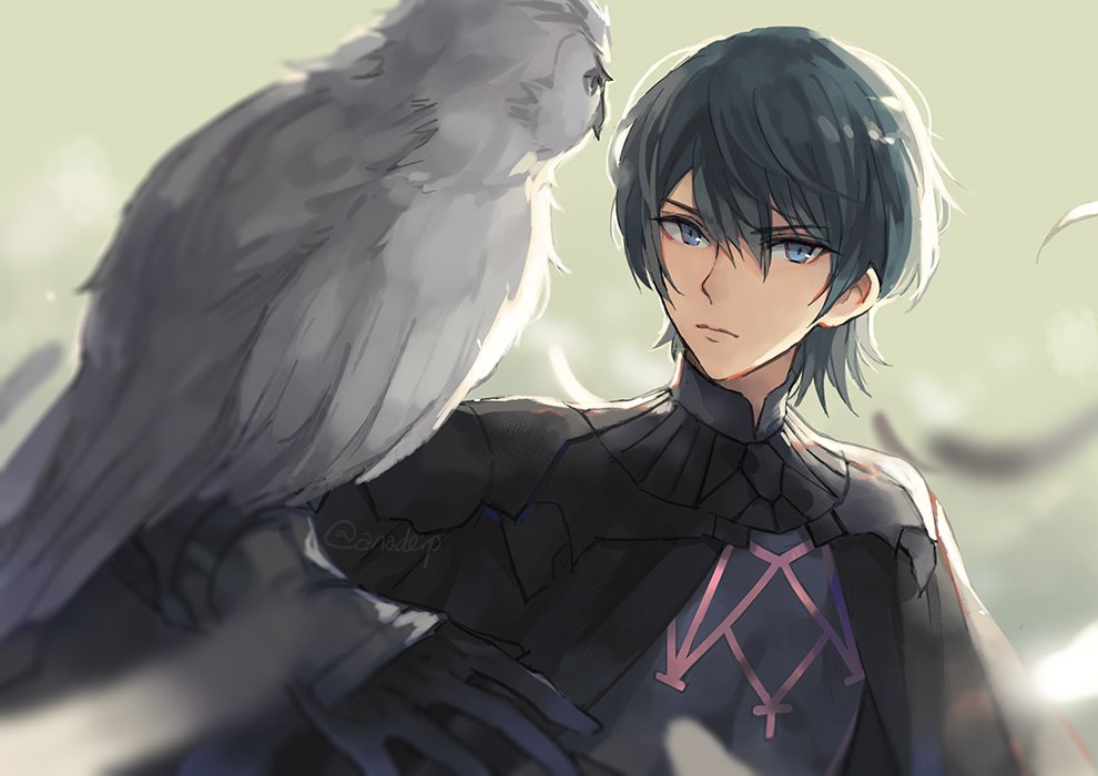 1boy animal_on_arm anocurry armor bird bird_on_arm black_gloves blue_eyes blue_hair male_byleth_(fire_emblem) cape feathers fire_emblem fire_emblem:_three_houses gloves looking_at_viewer nintendo owl portrait short_hair solo upper_body