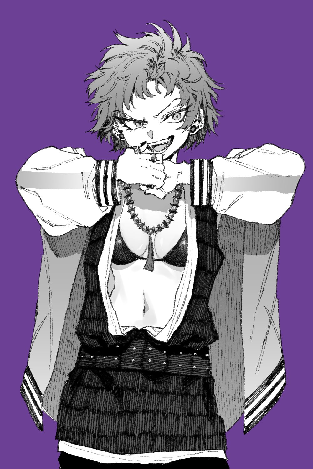 1girl bikini bikini_top_only breasts ear_piercing eyelashes fangs genderswap genderswap_(mtf) greyscale greyscale_with_colored_background harai_kuko highres hypnosis_mic jacket japanese_clothes jewelry letterman_jacket long_sleeves maki_keigo monochrome navel necklace open_clothes open_jacket open_mouth piercing purple_background ring short_hair simple_background swimsuit tassel