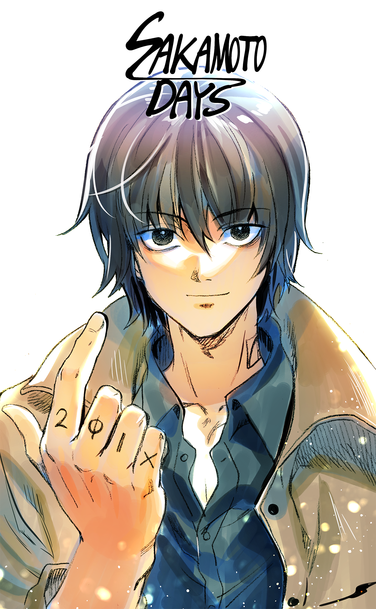 1boy bae_(baebae) black_eyes black_hair black_shirt brown_coat coat copyright_name finger_tattoo hair_between_eyes highres index_finger_raised looking_at_viewer male_focus nagumo_(sakamoto_days) neck_tattoo portrait sakamoto_days shirt solo tattoo white_background