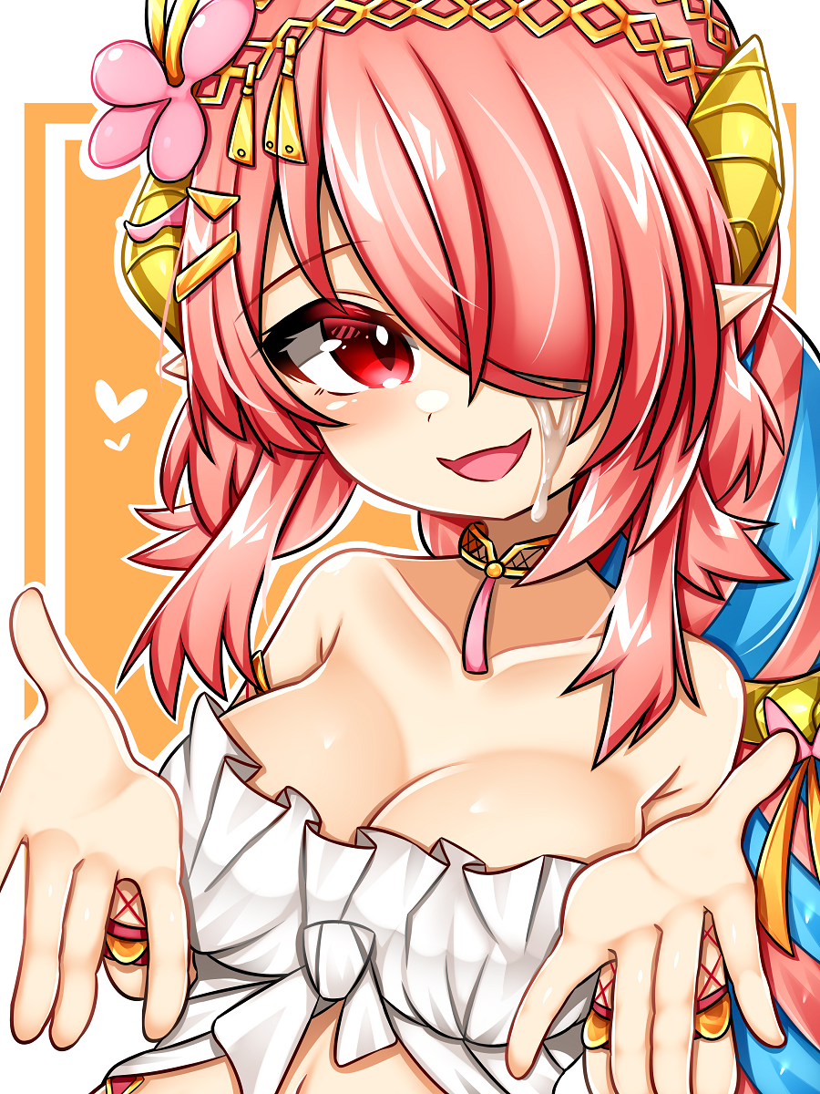 1girl armpit_crease bracelet breasts cleavage collarbone duel_monster flower front-tie_top hair_ornament heart highres jewelry large_breasts long_hair monster_girl navel necklace open_mouth orange_background pink_flower pink_hair plant_girl red_eyes sinki_neko solo strapless traptrix_pinguicula tube_top upper_body white_tube_top yu-gi-oh!
