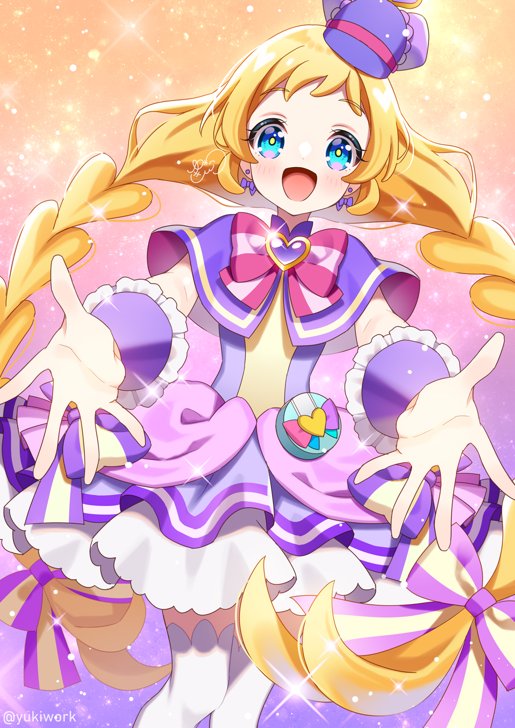 1girl blonde_hair blue_eyes blush bow bow_earrings bowtie braid brooch capelet cure_friendy dress earrings flat_cap hair_ribbon hat heart heart_brooch highres inukai_iroha jewelry long_hair low_twin_braids magical_girl multi-tied_hair open_mouth pink_bow pink_bowtie precure purple_capelet purple_dress purple_hat purple_ribbon ribbon signature smile solo thighhighs twin_braids twitter_username white_thighhighs wonderful_precure! wrist_cuffs yukinko_(yukiwork)
