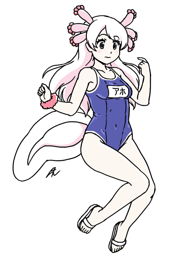 1girl acesrulez alternate_costume bare_legs bare_shoulders blue_one-piece_swimsuit blush commentary_request kemono_friends lizard_tail long_hair mexico_salamander_(kemono_friends) name_tag one-piece_swimsuit pointing pointing_at_self reptile_girl sandals school_uniform solo swimsuit tail translation_request white_hair white_sandals