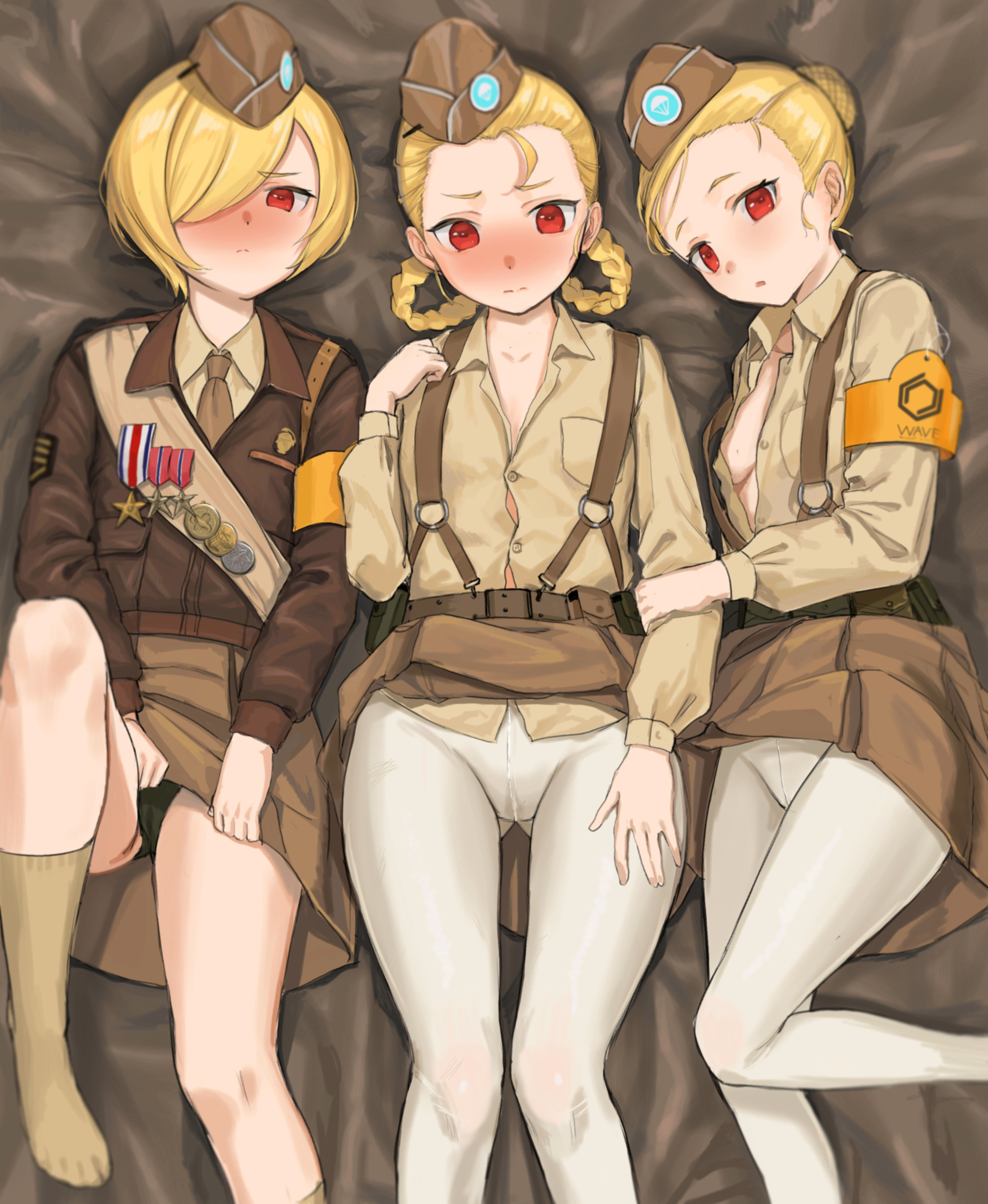 3girls absurdres armband belt black_panties blonde_hair blush braid brown_headwear brown_jacket brown_legwear brown_neckwear brown_skirt closed_mouth garrison_cap girls'_frontline hair_bun hair_over_one_eye hair_rings hat highres jacket kneehighs kuro_(zhurunbo1997) long_sleeves lying m2_(girls'_frontline) medal military military_uniform multiple_girls necktie nose_blush on_back open_mouth panties pantyhose pocket red_eyes short_hair single_hair_bun skirt socks suspenders take_your_pick underwear white_legwear