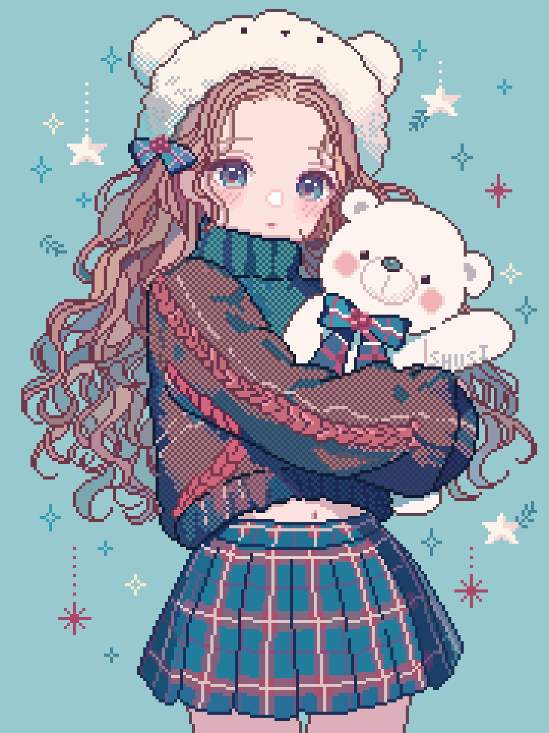 1girl animal_hat artist_name blue_background blush brown_cardigan brown_hair cardigan closed_mouth cowboy_shot green_eyes green_sweater hair_ornament hat highres looking_at_viewer original pixel_art pleated_skirt shusi_(6muuu3) skirt solo star_(symbol) stuffed_animal stuffed_toy sweater teddy_bear wavy_hair white_hat