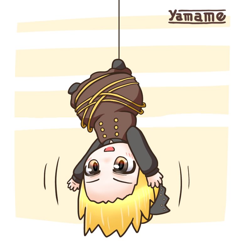 1girl :d black_footwear blonde_hair brown_dress brown_eyes character_name dress full_body kogata_tanishi kurodani_yamame long_sleeves looking_at_viewer open_mouth short_hair silk smile solo spider_web touhou upside-down yellow_eyes