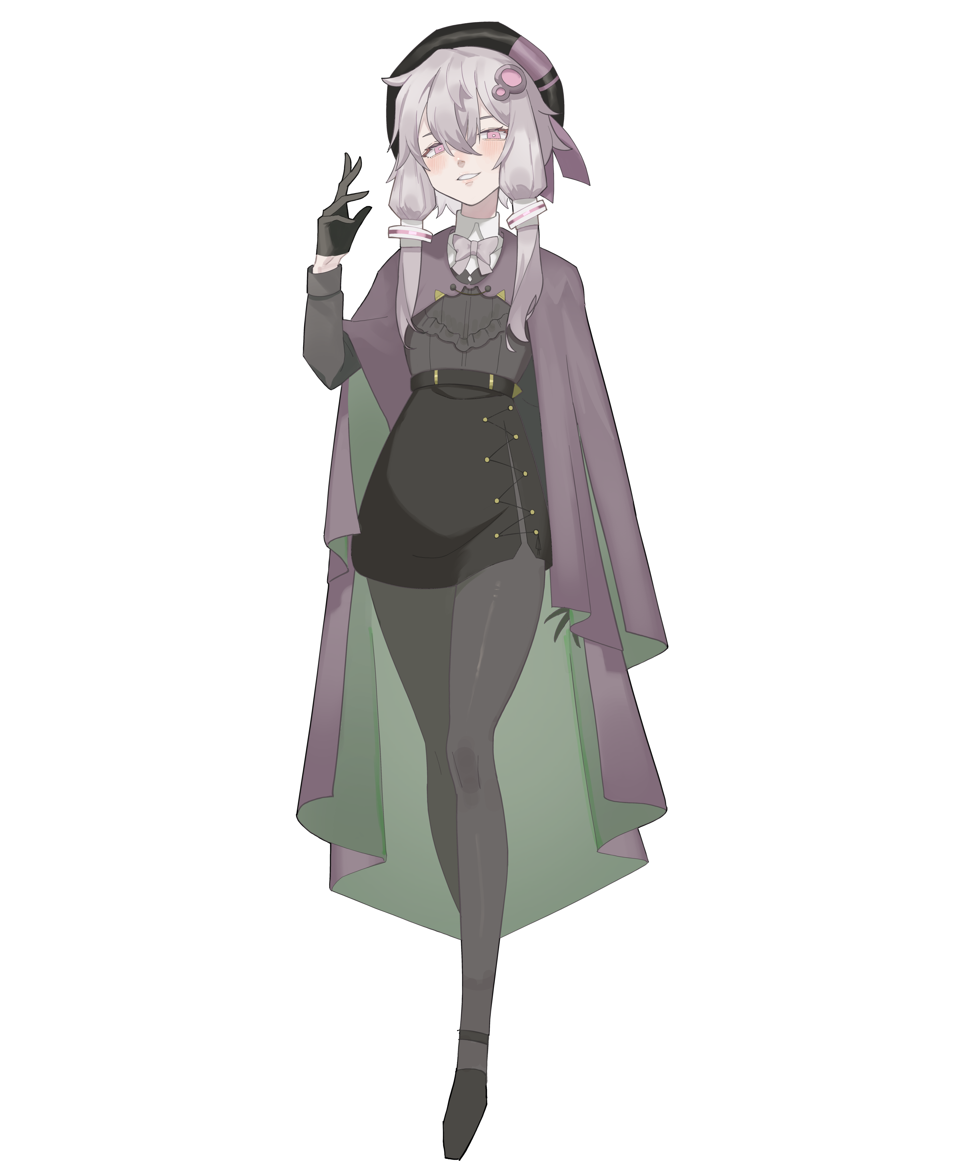 1girl absurdres alternate_costume alternate_hair_color beret black_gloves black_pantyhose black_shirt black_skirt blush bow bowtie cape crossed_legs full_body gloves grey_hair grin hair_between_eyes hair_ornament half-closed_eyes hand_up hat high-waist_skirt highres hiragi_sage long_hair looking_at_viewer miniskirt pantyhose pink_eyes purple_bow purple_bowtie purple_cape shirt short_hair_with_long_locks side_slit sidelocks simple_background skirt smile solo standing voiceroid watson_cross white_background yuzuki_yukari