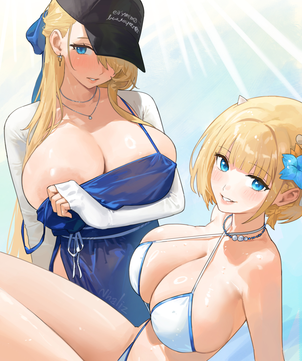 2girls areola_slip arm_under_breasts bikini black_hat blonde_hair blue_dress blue_eyes breasts brown_dust_(series) brown_dust_2 cleavage dress earrings hair_over_one_eye hat huge_breasts jewelry justia_(brown_dust) justia_(hot_summer_dream)_(brown_dust) long_hair long_sleeves multiple_girls necklace nhaliz official_alternate_costume peaked_cap shirt short_hair skindentation sleeves_past_wrists swimsuit white_bikini white_shirt wilhelmina_(brown_dust)