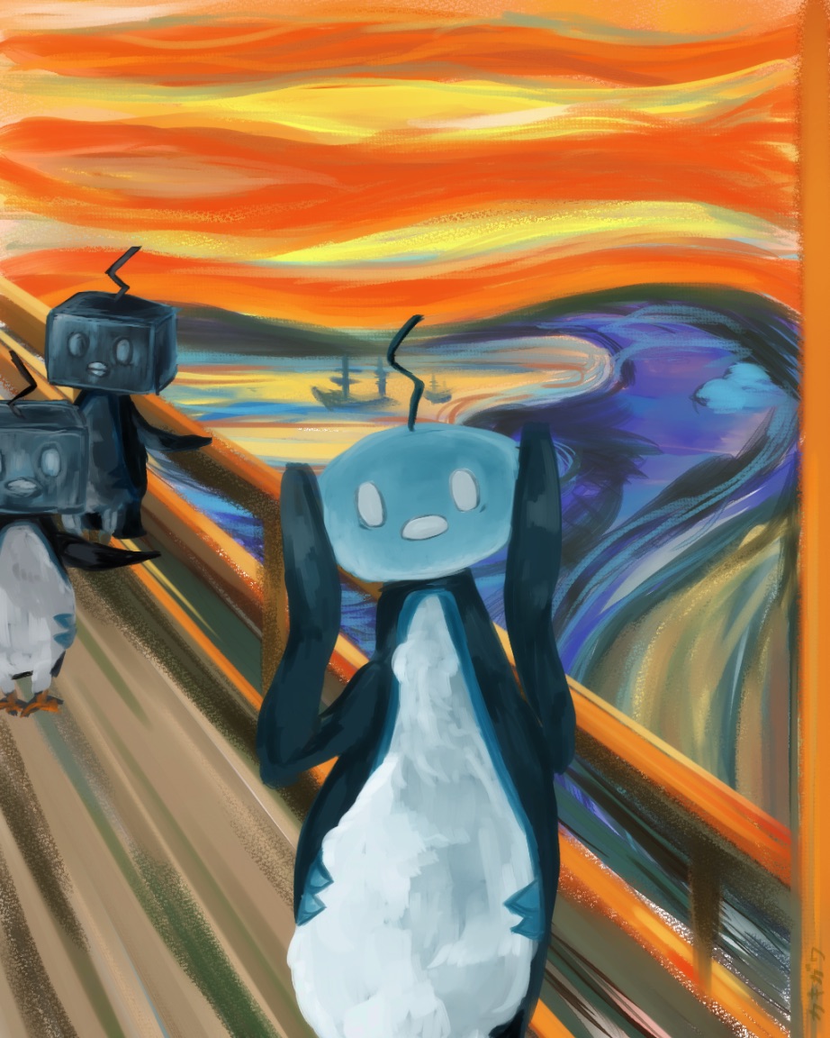 animal_focus artist_name bags_under_eyes bird blank_eyes bridge ebifurai_kakigwa eiscue eiscue_(ice) eiscue_(noice) fine_art_parody gen_8_pokemon hands_on_own_cheeks hands_on_own_face hands_up looking_at_viewer no_humans orange_sky outdoors parody penguin signature sky solo_focus the_scream white_eyes