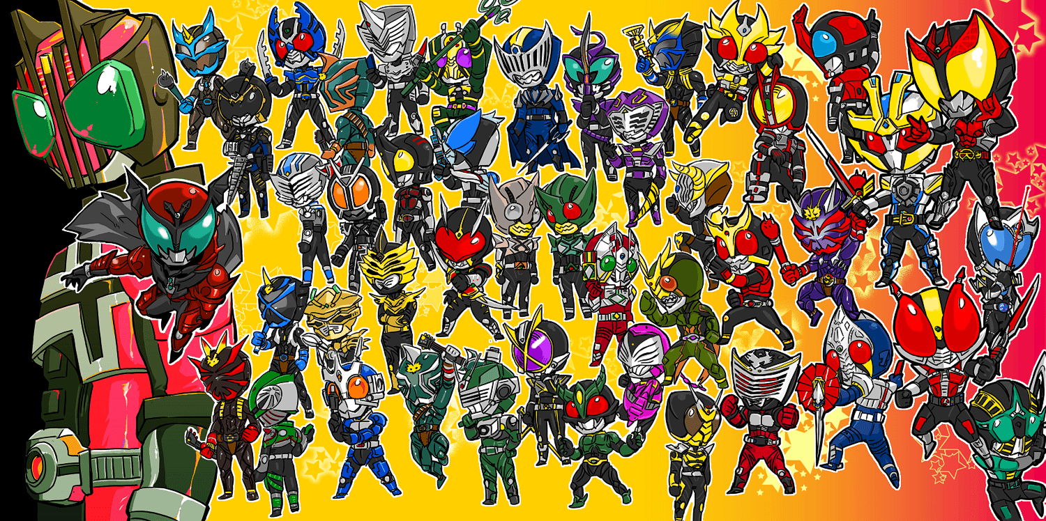 6+boys absolutely_everyone alternative_zero antennae belt cape chibi everyone gun head_wings horns kamen_rider kamen_rider_555 kamen_rider_agito kamen_rider_agito_(series) kamen_rider_another_agito kamen_rider_blade kamen_rider_blade_(series) kamen_rider_chalice kamen_rider_danki kamen_rider_dark_kabuto kamen_rider_dark_kiva kamen_rider_dcd kamen_rider_decade kamen_rider_delta kamen_rider_den-o kamen_rider_den-o_(series) kamen_rider_drake kamen_rider_eiki kamen_rider_faiz kamen_rider_g3 kamen_rider_gai kamen_rider_garren kamen_rider_gatack kamen_rider_gills kamen_rider_hibiki kamen_rider_hibiki_(series) kamen_rider_ibuki kamen_rider_imperer kamen_rider_ixa kamen_rider_kabuto kamen_rider_kabuto_(series) kamen_rider_kaixa kamen_rider_kick_hopper kamen_rider_kiva kamen_rider_kiva_(series) kamen_rider_knight kamen_rider_kuuga kamen_rider_kuuga_(series) kamen_rider_leangle kamen_rider_odin kamen_rider_ohja kamen_rider_ouja kamen_rider_punch_hopper kamen_rider_raia kamen_rider_ryuki kamen_rider_ryuki_(series) kamen_rider_sabaki kamen_rider_saga kamen_rider_sasword kamen_rider_scissors kamen_rider_thebee kamen_rider_tiger kamen_rider_todoroki kamen_rider_verde kamen_rider_zanki kamen_rider_zeronos kamen_rider_zolda male_focus moi multiple_boys staff sword weapon wings