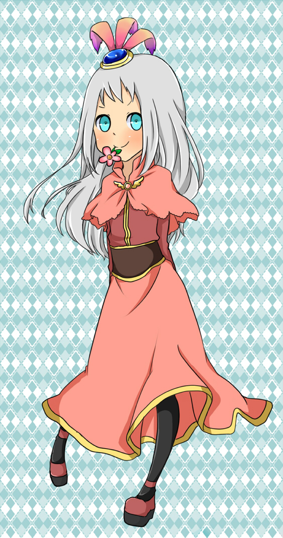 1girl acolyte_(ragnarok_online) argyle_background arms_behind_back black_pantyhose blue_background blue_eyes blush brown_shirt brown_shoes capelet closed_mouth commentary_request flower flower_in_mouth full_body grey_hair long_hair long_sleeves looking_at_viewer meiko_(nattu303) pantyhose pink_capelet pink_flower pink_skirt ragnarok_online shirt shoes skirt smile solo