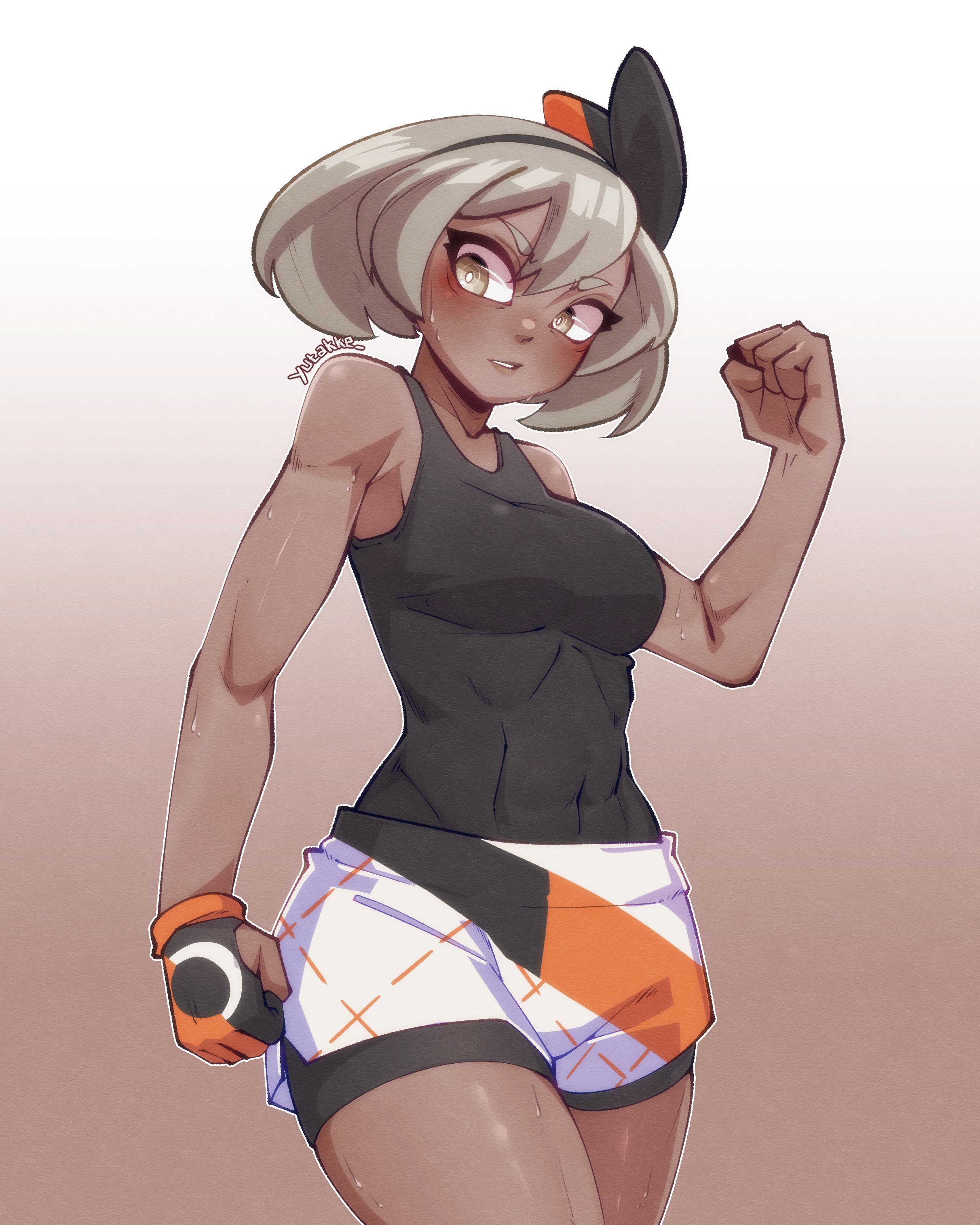 1girl absurdres bea_(pokemon) black_bodysuit black_hairband blonde_hair blush bodysuit bodysuit_under_clothes bow_hairband bright_pupils clenched_hands commentary covered_abs cowboy_shot creatures_(company) dark-skinned_female dark_skin eyelashes game_freak gloves hair_between_eyes hairband hand_up highres looking_down nintendo no_shirt parted_lips pokemon pokemon_swsh print_shorts shiny_skin short_hair shorts side_slit side_slit_shorts single_glove solo sweat white_pupils yellow_eyes yutakke