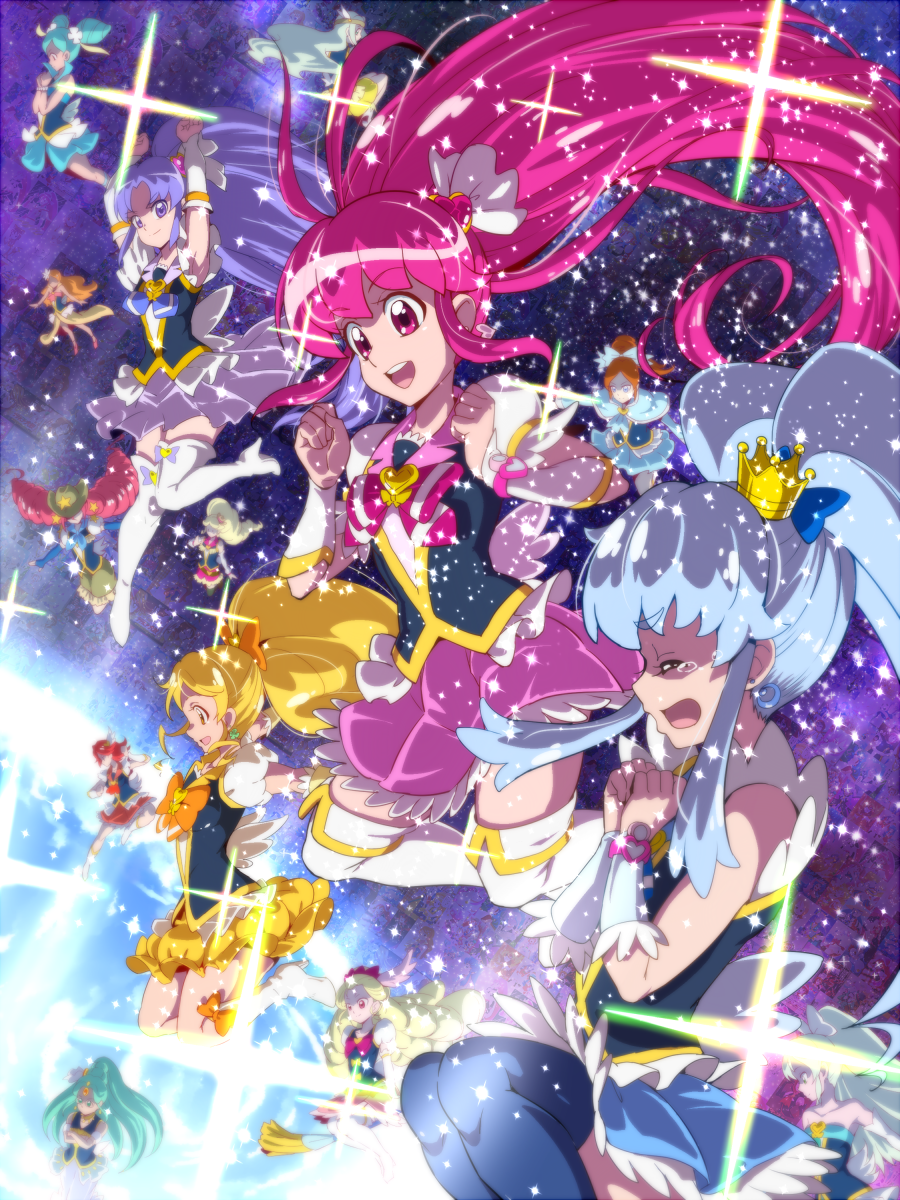 10s 6+girls :d aino_megumi blonde_hair blonde_haired_cure_(bomber_girls_precure)_(happinesscharge_precure!) blue_hair blue_legwear boots bow brooch closed_eyes cone_hair_bun crown cure_art cure_fortune cure_honey cure_katyusha cure_katyushu0430 cure_lovely cure_princess cure_southern_cross cure_sunset cure_wave gold_crown green_haired_cure_(wonderful_net_precure)_(happinesscharge_precure!) grey_haired_cure_(bomber_girls_precure)_(happinesscharge_precure!) hair_bun happinesscharge_precure! heart heart_brooch highres hikawa_iona jewelry long_hair magical_girl multiple_girls ohana_(happinesscharge_precure!) oomori_yuuko open_mouth orina_(happinesscharge_precure!) pink_bow pink_eyes pink_hair ponytail precure purple_hair red_haired_cure_(bomber_girls_precure)_(happinesscharge_precure!) shirayuki_hime skirt smile tears thigh_boots thighhighs tj-type1 twintails unknown_green-haired_cure_(happinesscharge_precure!) white_footwear white_legwear wide_ponytail yellow_eyes