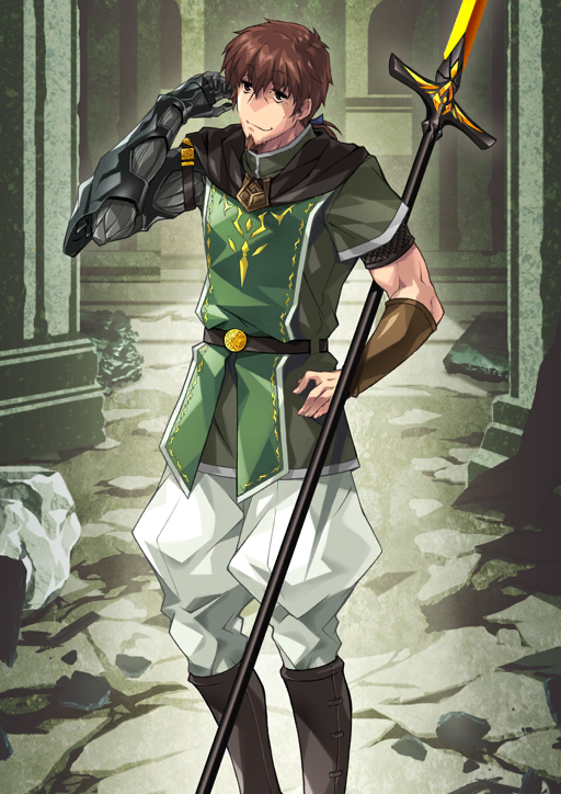 1boy arm_armor armor asymmetrical_sleeves belt belt_buckle black_(artist) black_belt boots bracer brown_boots brown_eyes brown_facial_hair brown_hair buckle closed_mouth durindana_(fate) elbow_gloves facial_hair fate/grand_order fate_(series) feet_out_of_frame gloves goatee green_tunic grey_gloves hair_between_eyes hand_on_own_hip hand_up hector_(fate) long_hair looking_at_viewer low_ponytail male_focus official_art pants polearm ponytail short_sleeves single_bracer single_glove sleeveless smile solo standing third-party_source toned toned_male tunic uneven_sleeves variant_set weapon white_pants