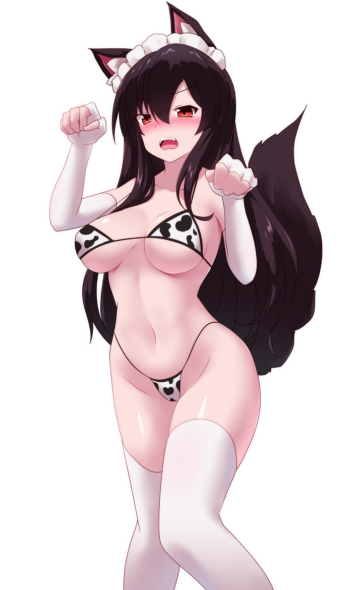 1girl alternate_costume animal_ears animal_print bikini blush breasts brown_hair commentary_request cow_print cow_print_bikini elbow_gloves feet_out_of_frame gloves imaizumi_kagerou large_breasts long_hair looking_at_viewer maid_headdress navel nose_blush open_mouth paw_pose print_bikini red_eyes simple_background sivamaron solo swimsuit tail thighhighs touhou white_background white_gloves white_thighhighs wolf_ears wolf_girl wolf_tail