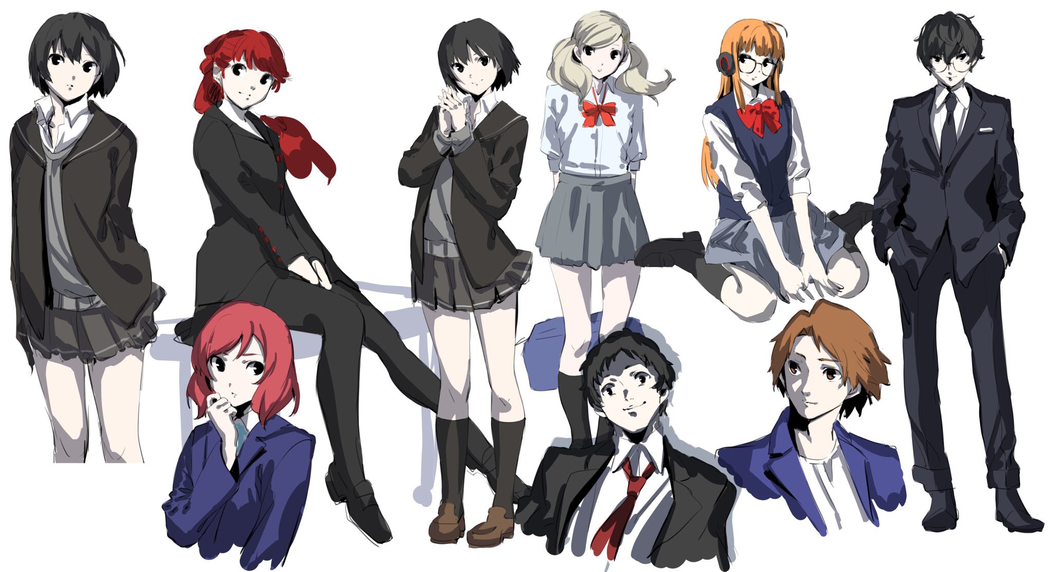 3girls 5girls adachi_tooru amamiya_ren black_hair black_jacket blonde_hair brown_hair character_request closed_mouth collared_shirt copyright_request crossover formal_clothes glasses hanamura_yousuke highres jacket long_hair long_sleeves looking_at_viewer love_live! love_live!_school_idol_project multiple_girls nakano_maru necktie nishikino_maki persona persona_4 persona_5 sakura_futaba school_uniform shirt short_hair simple_background smile suit takamaki_anne white_background white_shirt yoshizawa_kasumi