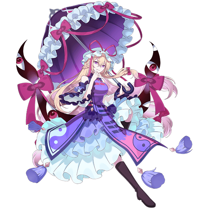 1girl adapted_costume alternate_hairstyle artist_request blonde_hair boots bow braid breasts brown_boots commentary_request dress frilled_dress frills full_body gap_(touhou) gothic_wa_mahou_otome grin hair_bow hat hat_ribbon holding holding_umbrella knee_boots long_hair mob_cap official_art parasol purple_eyes purple_tabard red_bow red_ribbon ribbon second-party_source smile solo tabard tassel touhou touhou_gensou_eclipse transparent_background umbrella very_long_hair white_dress wide_sleeves yakumo_yukari yin_yang yin_yang_print