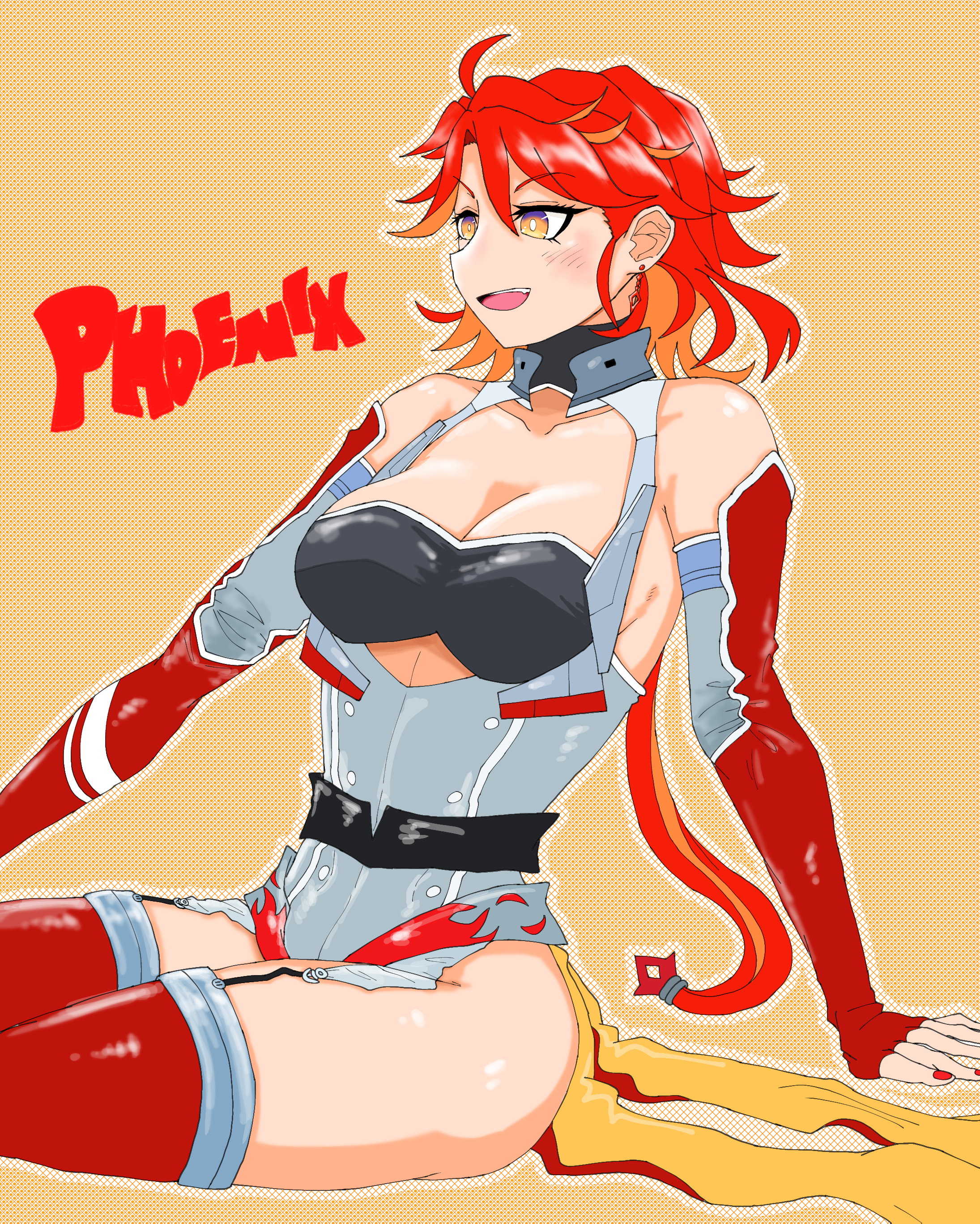 36rt absurdres ass azur_lane breasts cleavage elbow_gloves fingerless_gloves garter_straps gloves gluteal_fold hair_between_eyes hair_ornament highres orange_eyes phoenix_(azur_lane) red_hair smile thick_thighs thighhighs thighs