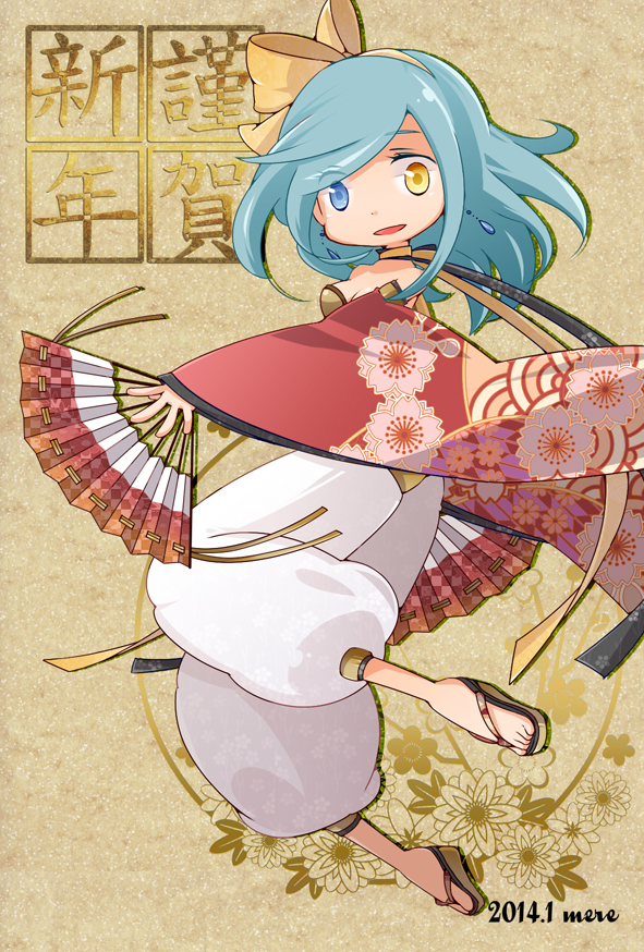 1girl bikini blue_eyes bow breasts brown_background brown_bikini brown_sandals cleavage commentary_request dated detached_sleeves floral_print_sleeves folding_fan full_body gypsy_(ragnarok_online) hair_bow hand_fan heterochromia holding holding_fan jumping long_hair looking_at_viewer medium_breasts mere_(enya) open_mouth pants puffy_pants ragnarok_online red_sleeves sandals smile solo swimsuit translation_request white_pants yellow_bow yellow_eyes