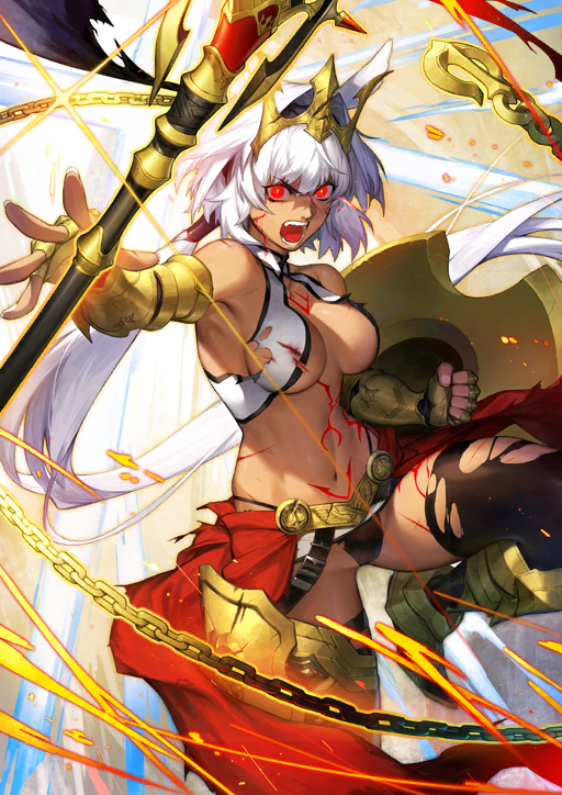 animal_ear_request animal_ears armor armored_boots armored_legwear attack_trail azusa_(hws) bare_shoulders black_hairband black_panties black_thighhighs blood blood_on_clothes boots breasts bright_pupils caenis_(fate) caenis_(third_ascension)_(fate) chain clenched_hand cowboy_shot dark-skinned_female dark_skin diffraction_spikes dynamic_pose extra_ears fate/grand_order fate_(series) fingerless_gloves fingernails floating floating_hair floating_object floating_weapon game_cg gloves glowing glowing_eyes gold_armor gold_belt groin hair_intakes hair_tubes hairband halterneck holding holding_shield injury leg_up long_hair looking_at_viewer low_ponytail medium_breasts navel official_art open_mouth panties polearm ponytail pretzel_bikini red_eyes red_tattoo shield shouting stomach teeth thighhighs third-party_source tiara torn_clothes torn_thighhighs trident underboob underwear waist_cape weapon white_hair white_nails white_pupils