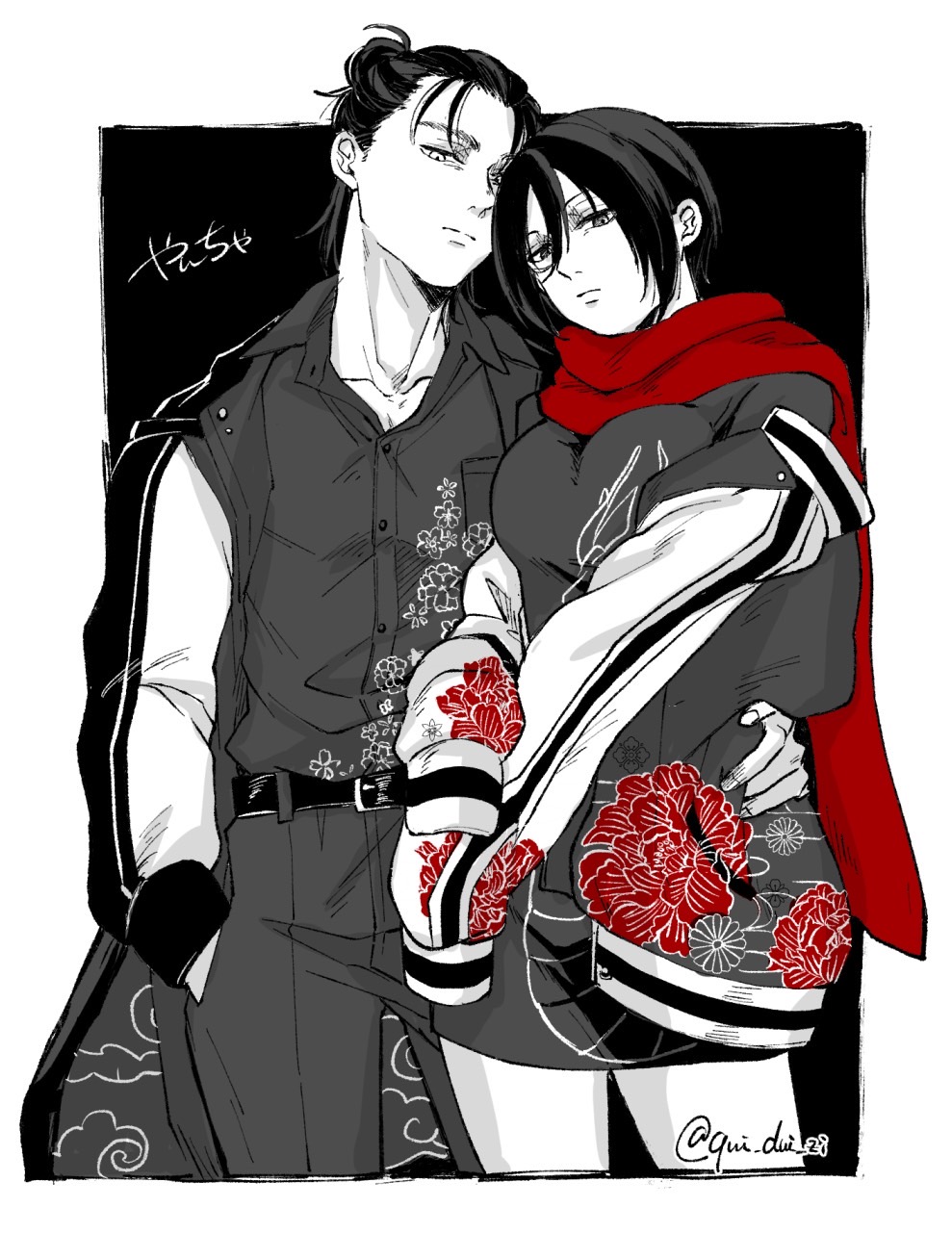 1boy 1girl alternate_costume arm_around_waist belt black_background black_belt black_hair border breasts collared_shirt couple cropped_legs eren_yeager facial_scar floral_print hair_between_eyes hand_in_pocket hetero highres jacket jacket_partially_removed looking_at_viewer medium_breasts mikasa_ackerman qui_dui_zi red_scarf scar scar_on_cheek scar_on_face scarf shingeki_no_kyojin shirt short_hair spot_color twitter_username white_border