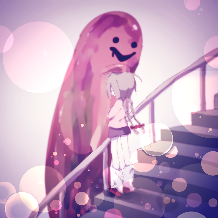 1girl 1other asp@juken blurry bokeh bow braid brown_hair depth_of_field full_body hair_bow hand_on_another&#039;s_head headpat kyukkyu-kun long_hair long_sleeves loose_socks madotsuki monster purple_skirt railing red_footwear shoes skirt smile socks stairs twin_braids white_legwear yume_nikki