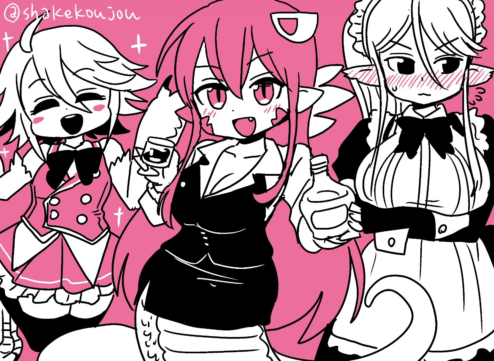 3girls :d ^_^ animal_ears black_eyes blush blush_stickers breasts centaur centorea_shianus closed_eyes commentary_request cup embarrassed facing_viewer fang flying_sweatdrops hair_between_eyes hair_ornament hairclip happy harpy highres holding holding_cup horse_ears jumping lamia large_breasts long_hair looking_at_viewer looking_to_the_side maid maid_headdress miia_(monster_musume) monster_girl monster_musume_no_iru_nichijou multiple_girls nose_blush open_mouth papi_(monster_musume) pointy_ears ponytail shake-o short_hair sidelocks sketch slit_pupils small_breasts smile spot_color tail taur waitress winged_arms wings