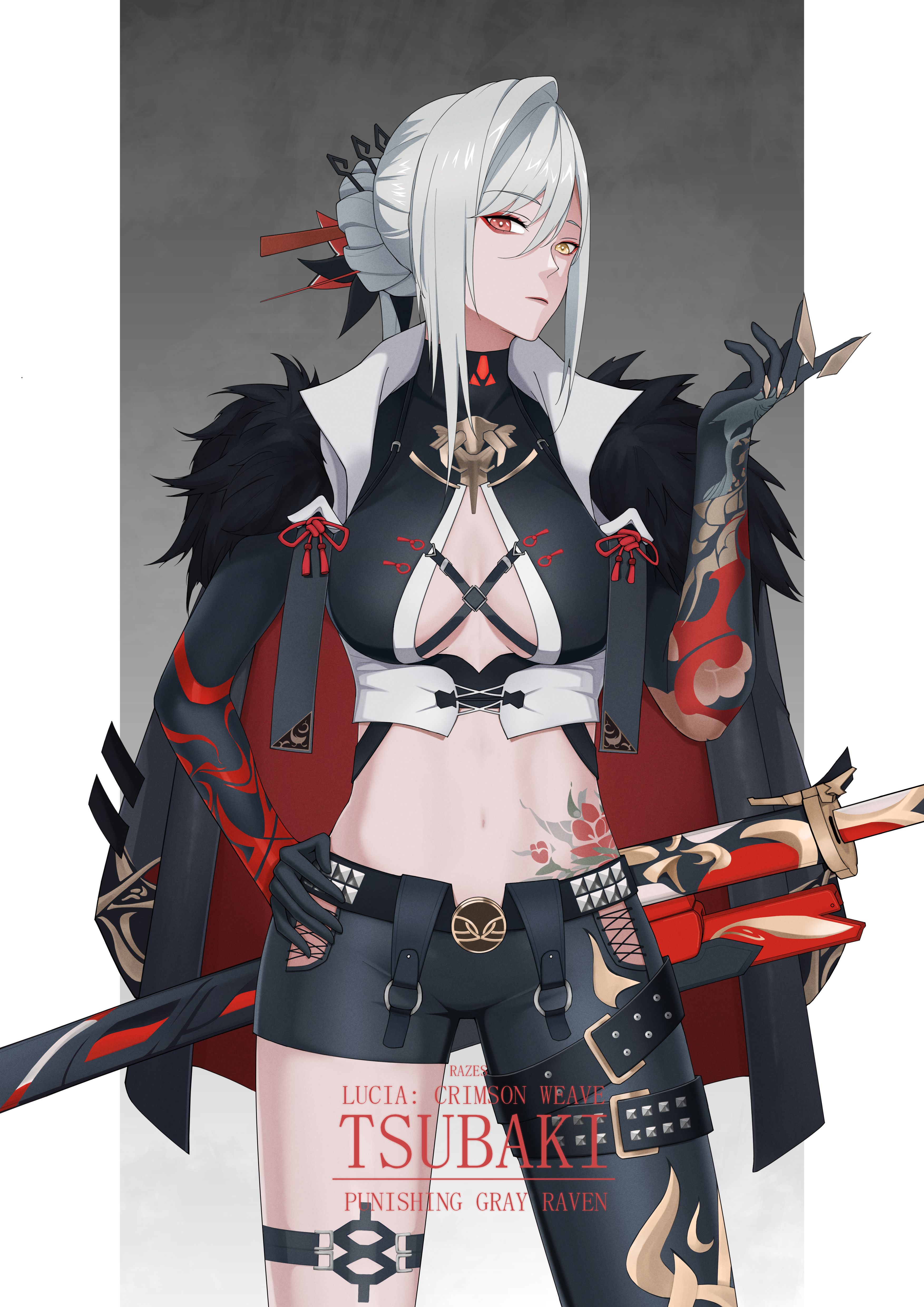 1girl absurdres alpha_(pgr) arm_tattoo artist_name asymmetrical_clothes black_gloves black_jacket black_pants breasts center_opening character_name closed_mouth commentary cowboy_shot crop_top elbow_gloves english_commentary fur-trimmed_jacket fur_trim gloves hand_on_own_hip hand_up heterochromia highres jacket jacket_on_shoulders large_breasts looking_at_viewer lpha:_crimson_weave_(tsubaki)_(pgr) navel official_alternate_costume pants punishing:_gray_raven razes red_eyes short_hair single_pantsleg solo stomach stomach_tattoo tattoo yellow_eyes