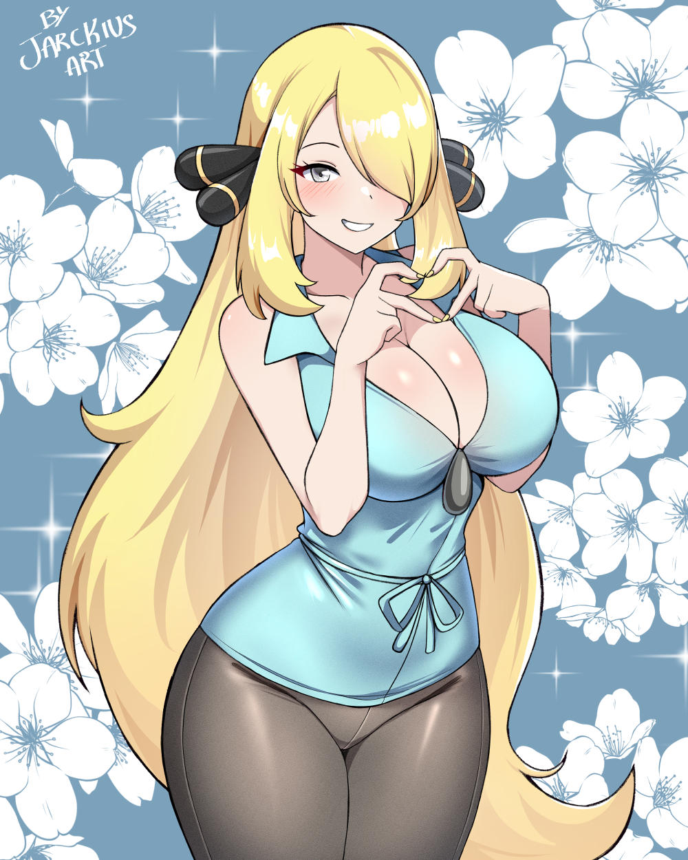 1girl alternate_breast_size blonde_hair breasts cowboy_shot creatures_(company) cynthia_(pokemon) game_freak grey_eyes hair_over_one_eye happy heart heart_hands highres jarckius large_breasts long_hair looking_at_viewer nintendo pokemon pokemon_(anime) pokemon_bw_(anime) smile solo very_long_hair