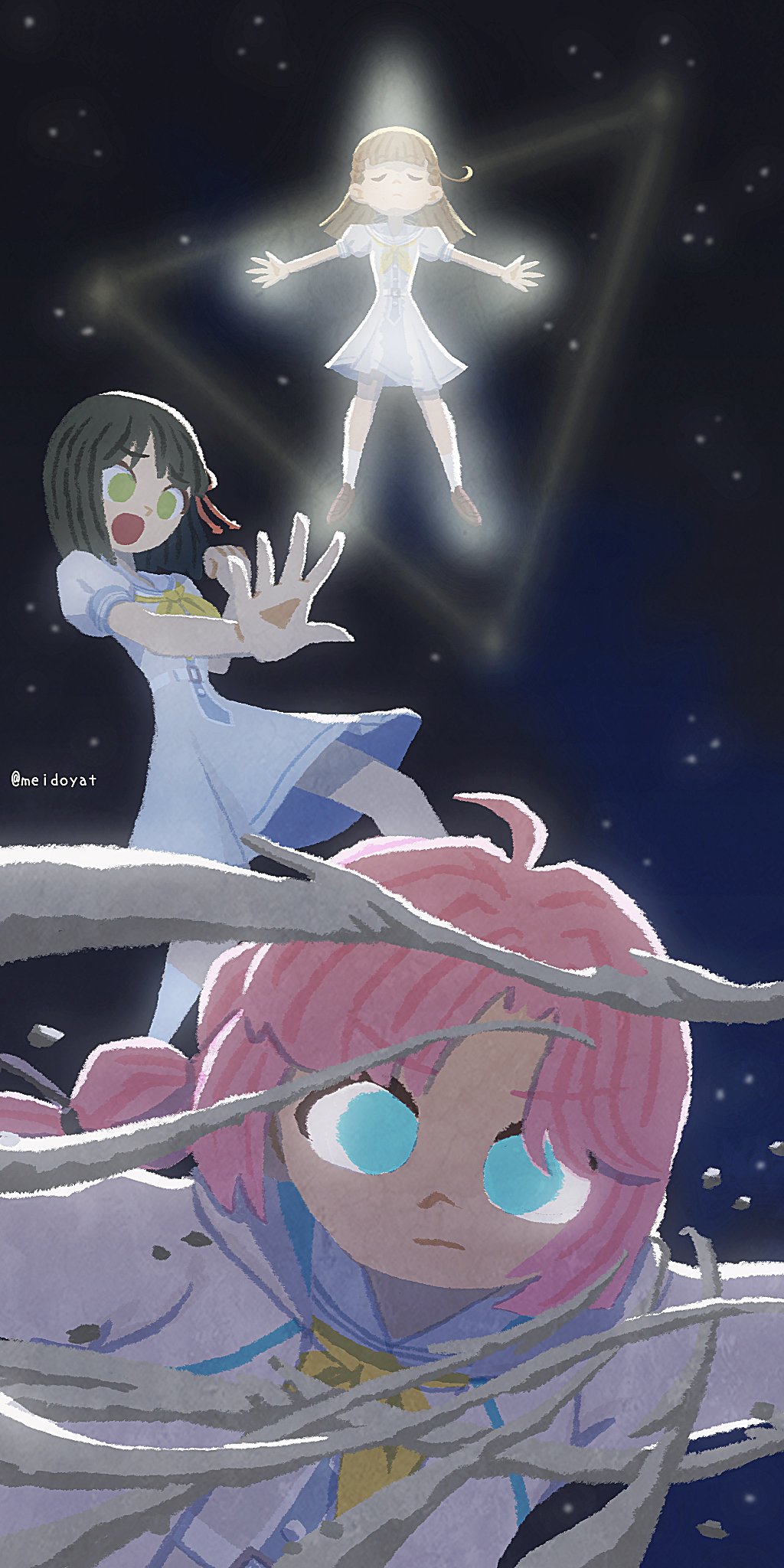3girls ahoge anyoji_hime black_hair blue_dress blue_eyes blunt_bangs blunt_ends bob_cut braid brown_hair center-flap_bangs closed_eyes commentary_request constellation dress green_eyes hasu_no_sora_school_uniform highres kachimachi_kosuzu link!_like!_love_live! long_hair love_live! medium_dress meidosan momose_ginko multi-tied_hair multiple_girls neckerchief open_hand open_hands open_mouth outstretched_arms parody parody_request pink_hair pleated_dress ponytail puffy_short_sleeves puffy_sleeves raised_inner_eyebrows reaching reaching_towards_another sailor_collar sailor_dress school_uniform short_hair short_sleeves side_ahoge side_braids sidelocks space spread_arms summer_uniform triangle u_u v-shaped_eyebrows virtual_youtuber white_sailor_collar yellow_neckerchief