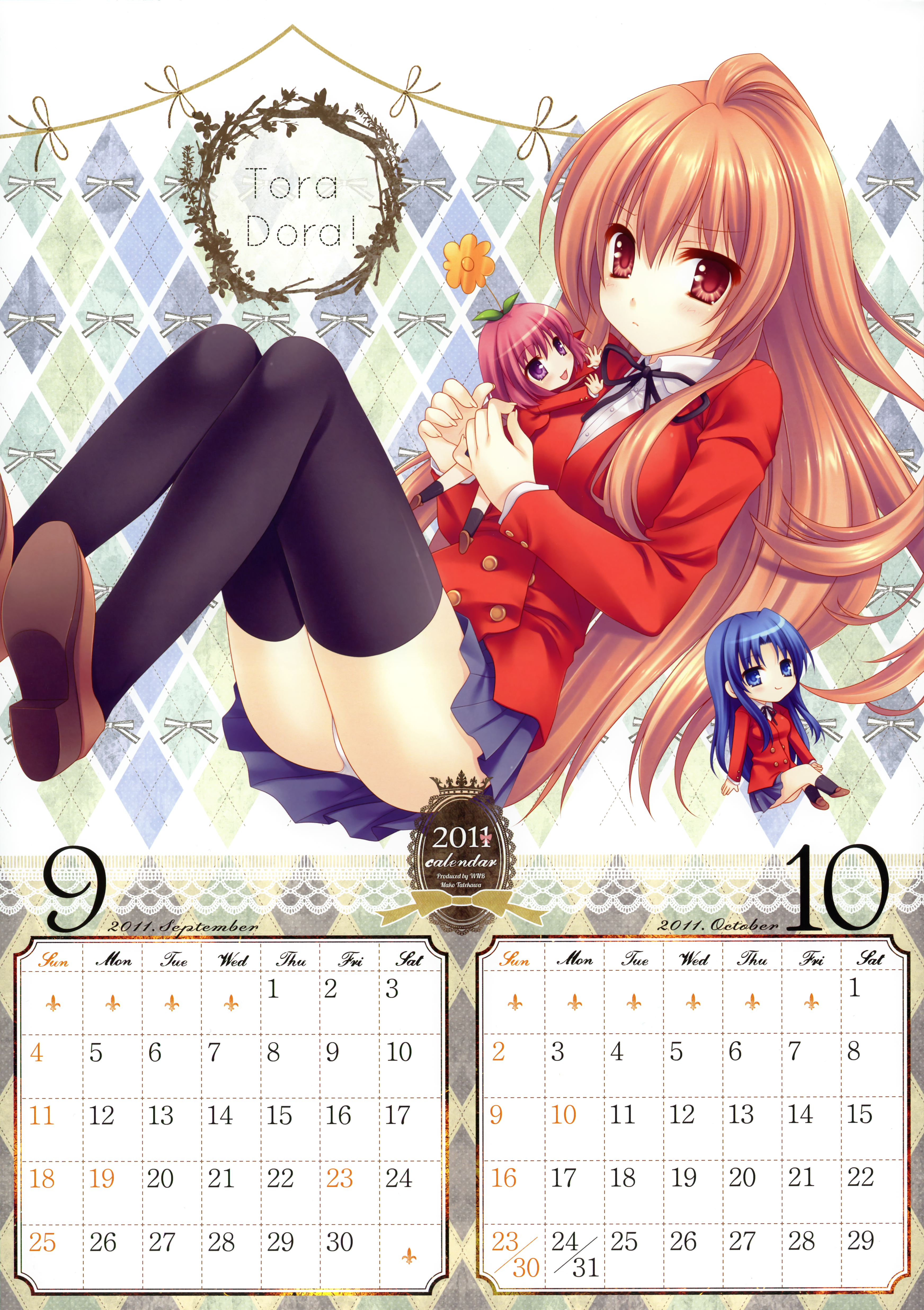 2011 3girls absurdres aisaka_taiga argyle_background argyle_clothes artist_name black_ribbon black_thighhighs blue_skirt blush brown_eyes brown_footwear brown_hair calendar_(medium) chibi closed_mouth collared_shirt copyright_name dated fingernails flat_chest frown full_body hair_between_eyes hair_spread_out hands_up highres jacket kawashima_ami knees_up kushieda_minori legs loafers long_hair looking_at_viewer miniskirt multiple_girls panties panty_peek pleated_skirt red_jacket ribbon school_uniform shirt shoes sidelocks sitting skirt solo_focus straight_hair tatekawa_mako thighhighs toradora! underwear v-shaped_eyebrows very_long_hair white_panties white_shirt zettai_ryouiki