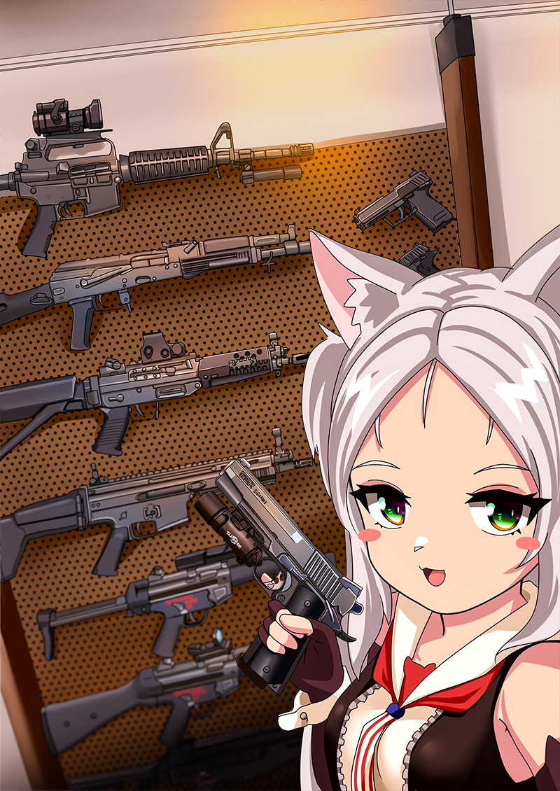 &#039;murica 1girl ak-102 american_flag american_flag_print animal_ear_fluff animal_ears assault_rifle azur_lane black_gloves black_jacket blush breasts cat_ears colt_commando comiket_105 commentary dedorudy eotech flag_print fn_scar gloves green_eyes gun h&amp;k_mp5 h&amp;k_ump h&amp;k_usp handgun holding holding_gun holding_weapon indoors jacket kalashnikov_rifle long_hair m1911 necktie open_clothes open_jacket open_mouth optical_sight print_necktie reflex_sight rifle sig_p220/p226 sig_sauer sig_sg552 sims_(azur_lane) sleeveless sleeveless_jacket small_breasts smile solo submachine_gun trigger_discipline weapon weapon_rack white_hair wrist_cuffs