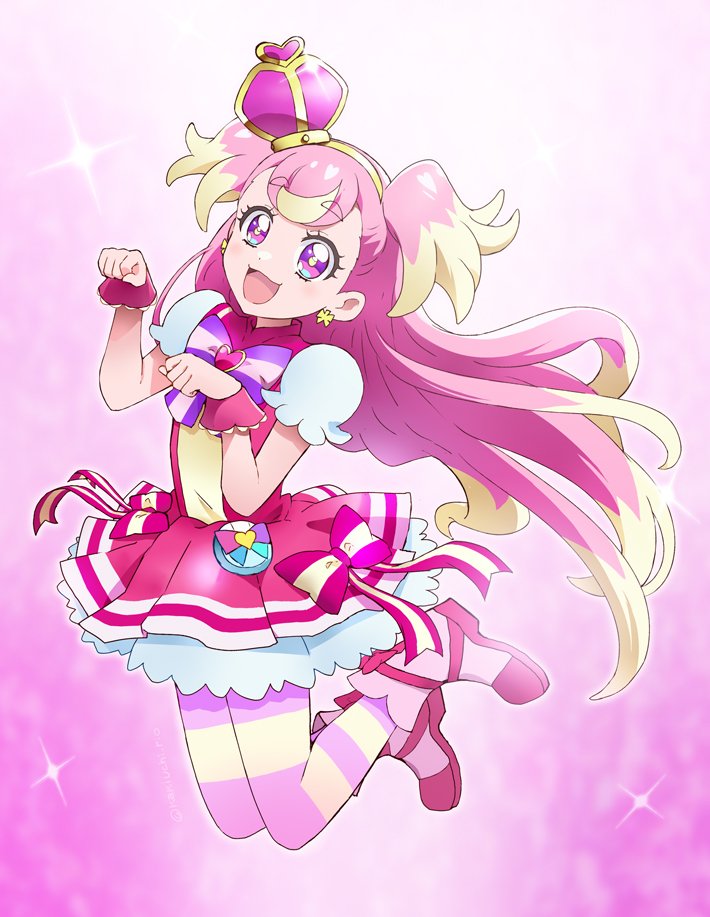 1girl :d anime_coloring arched_crown blonde_hair blonde_streaks boots bow bow_earrings bright_pupils brooch chest_bow commentary crown cure_wonderful dot_nose dress dress_bow earrings frilled_wrist_cuffs frills full_body gold_hairband hairband hands_up heart heart_brooch inukai_komugi jewelry kakiuchi_itsuki legs_up light_blush long_hair looking_at_viewer magical_girl midair mini_crown multicolored_hair multicolored_pantyhose open_mouth pact_holder pantyhose paw_pose petticoat pink_background pink_boots pink_bow pink_crown pink_dress pink_hair pink_pantyhose pink_wrist_cuffs pouch precure puffy_short_sleeves puffy_sleeves purple_bow purple_eyes short_dress short_sleeves smile solo sparkle sparkle_background streaked_hair striped_bow striped_clothes striped_pantyhose tilted_headwear two-tone_hair two-tone_pantyhose two_side_up very_long_hair white_petticoat wonderful_pact wonderful_precure! wrist_cuffs yellow_pantyhose yellow_pupils