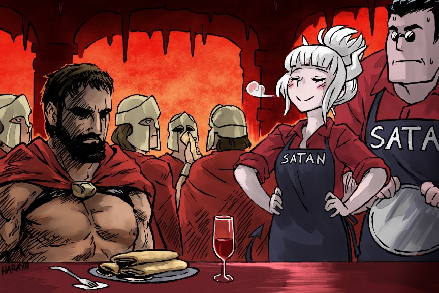 1girl 300_(movie) 6+boys beard cup demon_girl demon_tail doyagao drinking_glass expressionless facial_hair food greek_helmet haraya_manawari helltaker helltaker_(character) hoplite horns leonidas leonidas_i lucifer_(helltaker) multiple_boys pancake red_shirt shirt smug sunglasses tail white_horns wine_glass