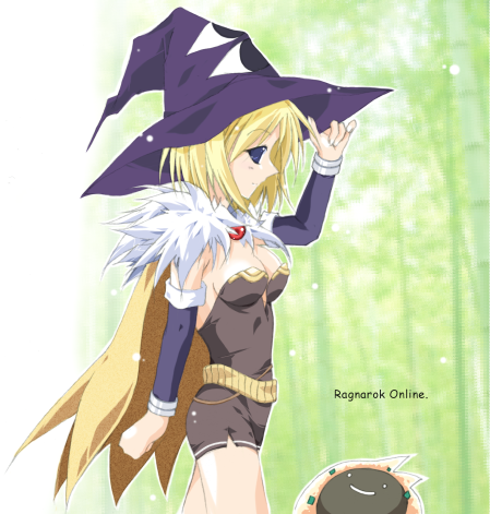 1girl 2000s_(style) alchemist_(ragnarok_online) bad_id bamboo bamboo_forest blonde_hair blue_eyes breasts brown_cape brown_dress cape cleavage closed_mouth commentary_request copyright_name cowboy_shot detached_sleeves dress eye_print forest fur_collar hat hat_tip looking_at_viewer looking_to_the_side lowres medium_breasts nature print_hat purple_sleeves ragnarok_online short_dress short_hair slime_(creature) smile solo strapless strapless_dress tokita vanilmirth_(ragnarok_online) witch_hat