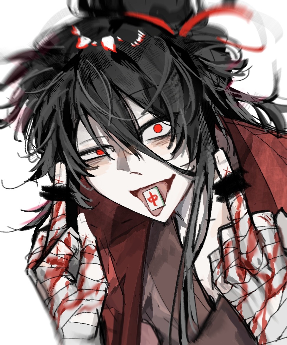 1boy bags_under_eyes bandaged_arm bandaged_hand bandages bar_censor black_hair black_hanfu blood blood_on_hands bloody_bandages censored chinese_clothes chinese_commentary coat dao_gui_yi_xian hair_between_eyes hair_bun hair_ribbon half_updo hands_up hanfu hong_zhong_(li_huowang) li_huowang long_hair looking_at_viewer luxingzhe91179 mahjong mahjong_tile male_focus messy_hair middle_finger open_mouth red_coat red_eyes red_ribbon ribbon simple_background single_hair_bun sketch solo tongue tongue_hold tongue_out upper_body white_background zuo_wang_dao