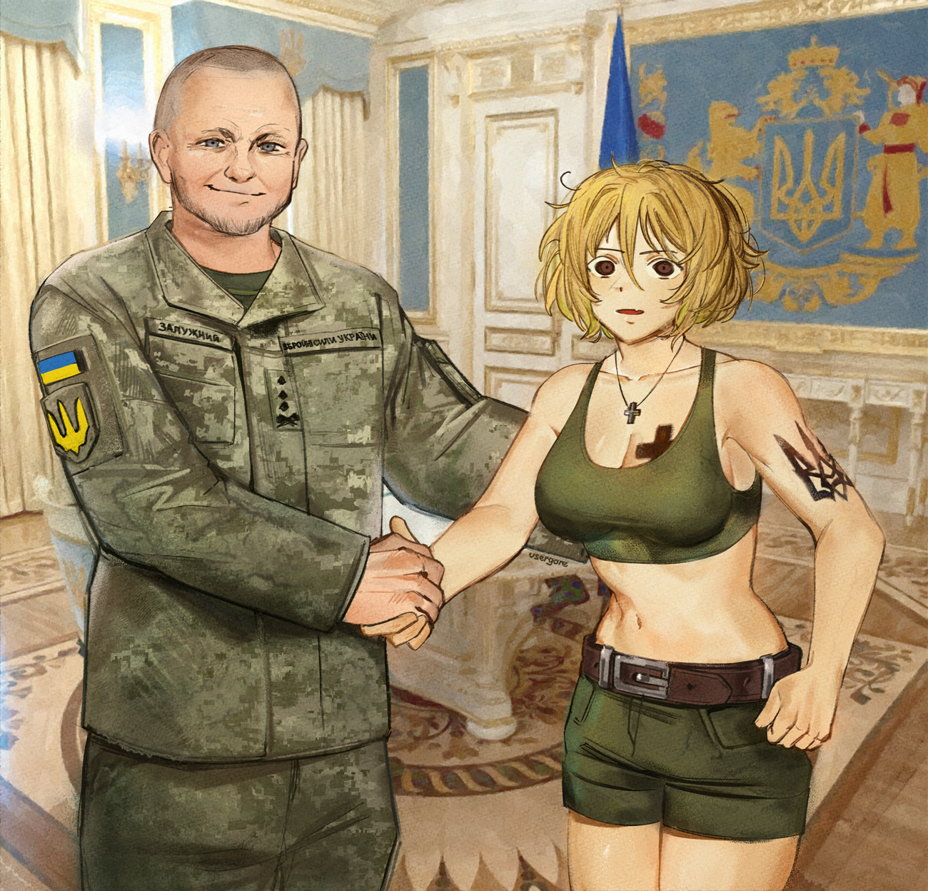 1girl arm_tattoo azov_battalion bare_shoulders blonde_hair blush breasts brown_eyes camouflage chest_tattoo cleavage coat_of_arms commentary crop_top cross digital_camouflage english_commentary fang green_shorts green_sports_bra handshake highres indoors jewelry large_breasts latin_cross long_sleeves looking_at_viewer marichka medium_hair meme military military_fatigues military_uniform navel necklace original patch politics real_life russo-ukrainian_war shorts shoulder_patch skin_fang sports_bra stomach tattoo the_office translated trident_print tryzub ukrainian_flag ukrainian_ground_forces ukrainian_text usergore valerii_zaluzhnyi young_michael_scott_shaking_ed_truck's_hand_(meme)