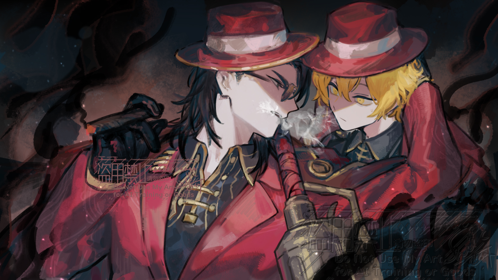 2boys arm_up black_gloves black_hair blonde_hair buttons cigar closed_mouth gloves gold_trim hat highres holding holding_cigar jacket lapels limbus_company medium_hair meursault_(project_moon) multiple_boys nishikujic notched_lapels open_mouth project_moon red_hat red_jacket sinclair_(project_moon) smoke smoking sword thumb_(identity)_(project_moon) weapon yellow_eyes
