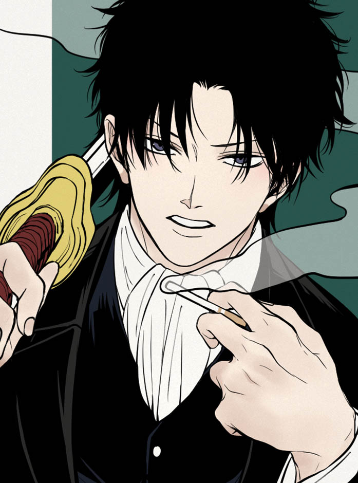 1boy ascot black_hair black_jacket black_suit black_vest cigarette formal_clothes gintama green_background grey_eyes hijikata_toushirou holding holding_cigarette holding_sword holding_weapon jacket katana long_sleeves looking_at_viewer male_focus over_shoulder parted_lips pike_121 shinsengumi_(gintama) shirt short_hair smoke smoking solo suit sword sword_over_shoulder two-tone_background upper_body vest weapon weapon_over_shoulder white_ascot white_shirt