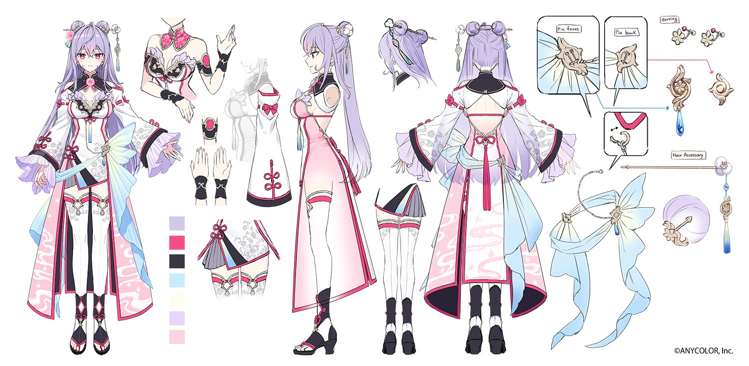 1girl ahoge black_boots blush boots breasts china_dress chinese_clothes closed_mouth clothing_cutout color_guide colored_bangs commentary_request company_name copyright_notice crossed_bangs detached_collar double_bun dress earrings english_text facing_away floral_print flower frilled_sleeves frills hair_between_eyes hair_bun hair_ornament hair_stick high_heel_boots high_heels jewelry kanzashi kozue_mone large_breasts long_hair long_sleeves looking_at_viewer mandarin_collar multicolored_dress multiple_views nardack nijisanji official_art open-toe_boots pink_dress pink_eyes pink_flower pink_hair profile purple_hair reference_sheet second-party_source shoulder_cutout shrug_(clothing) sidelocks simple_background smile strapless strapless_dress tassel thighhighs virtual_youtuber white_background white_dress white_sleeves white_thighhighs wide_sleeves