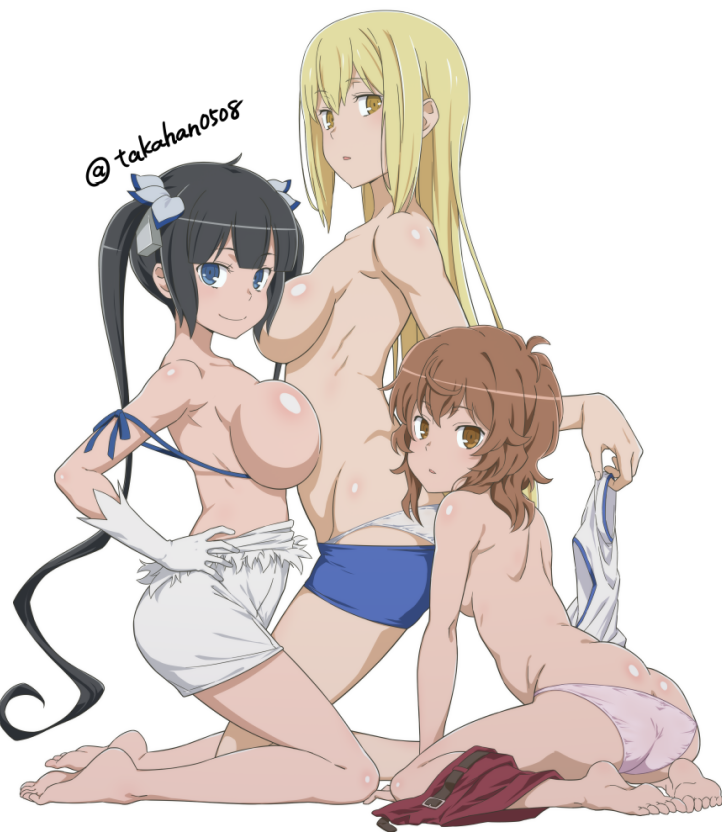 3girls aiz_wallenstein artist_name ass barefoot black_hair blonde_hair blue_eyes blue_shorts bow breast_press breasts butt_crack commentary_request dungeon_ni_deai_wo_motomeru_no_wa_machigatteiru_darou_ka feet full_body gloves hair_bow hair_ribbon hestia_(danmachi) kneeling large_breasts liliruca_arde long_hair multiple_girls paid_reward_available panties parted_lips pink_panties rei_no_himo ribbon shorts shorts_around_one_leg simple_background small_breasts smile soles takahan toes topless_female twintails twitter_username underwear underwear_only undressing white_background white_bow white_gloves white_panties white_ribbon