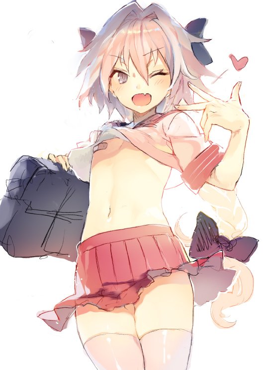 1boy astolfo_(fate) astolfo_(sailor_paladin)_(fate) bandaid bandaids_on_nipples blush braid fang fate/grand_order fate_(series) hair_ribbon heart ikeya long_hair male_focus official_alternate_costume one_eye_closed open_mouth pasties pink_hair purple_eyes ribbon school_uniform serafuku single_braid socks solo thighhighs trap v white_thighhighs