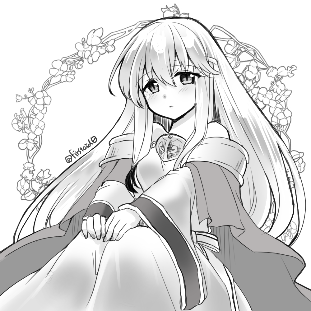 1girl bare_shoulders breasts circlet dress fire_emblem fire_emblem:_genealogy_of_the_holy_war hands_on_own_knees julia_(fire_emblem) long_hair looking_at_viewer medium_breasts nintendo sash simple_background sitting solo very_long_hair wide_sleeves yukia_(firstaid0)