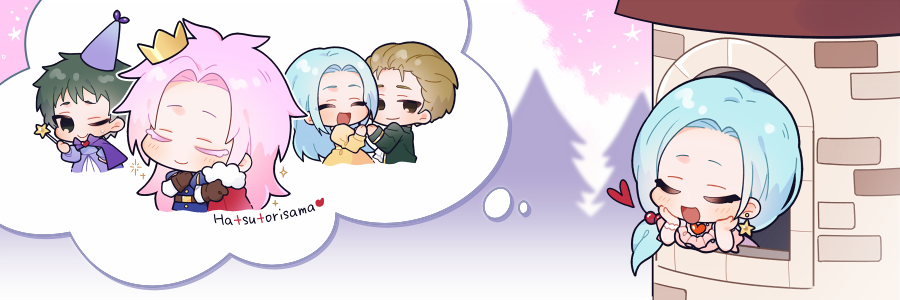 2boys 3girls ;) alternate_costume ascot black_jacket blue_hair blue_jacket brown_eyes brown_gloves brown_hair cape chibi chibi_only closed_eyes commentary_request crown dress earrings enomoto_george enomoto_kazue enomoto_noa fur-trimmed_cape fur_trim gloves green_eyes green_hair hands_on_own_cheeks hands_on_own_face hat hatsutori_hajime heart holding holding_wand image_in_thought_bubble isoi_rai jacket jeunyang jewelry korean_commentary light_blue_hair long_hair long_sleeves low_ponytail mini_crown multiple_boys multiple_girls one_eye_closed open_mouth parted_bangs pink_dress ponytail prince purple_dress purple_hat red_cape saibou_shinkyoku side_ponytail smile sparkle speech_bubble star_(symbol) star_earrings sweat thought_bubble tower wand white_ascot yellow_dress