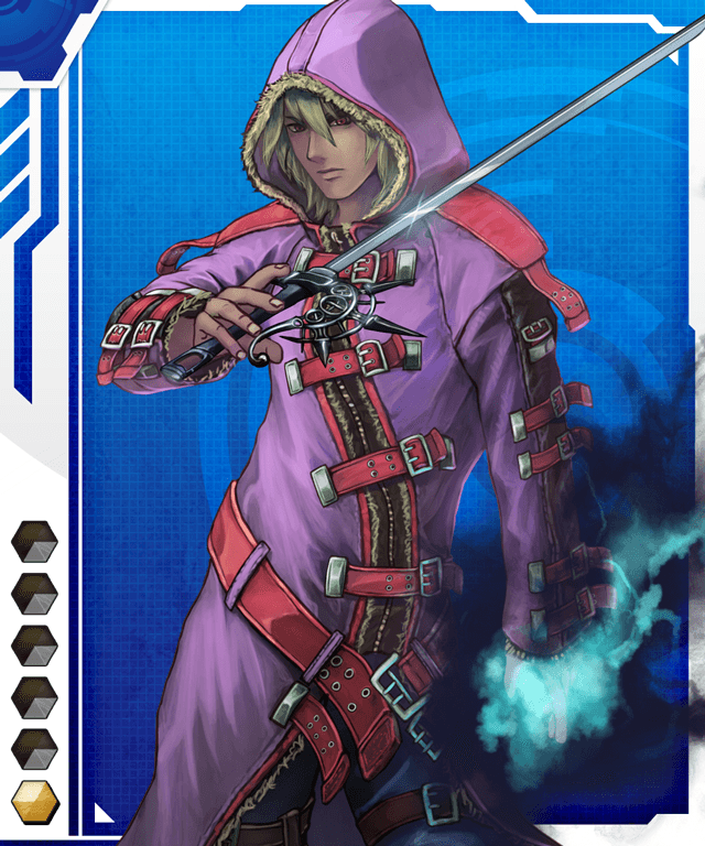 1boy blonde_hair card_(medium) dark_skin gradient_background hood lilith-soft male_focus red_eyes solo sword taimanin_(series) taimanin_asagi_battle_arena_all_card_gallery taimanin_asagi_kessen_arena weapon