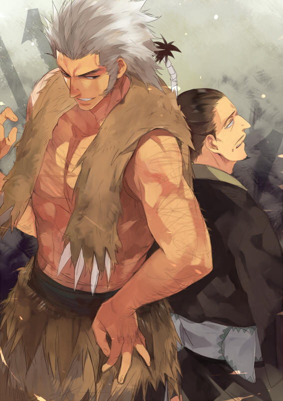 2boys back-to-back bear beard_stubble cloak cowboy_shot facial_hair fur_(clothing) fur_cloak get3 goatee grey_hair hairy hunter_x_hunter loincloth looking_back male_focus mature_male medium_hair multiple_boys muscular muscular_male mustache_stubble nobunaga_hazama pectorals ronin short_hair sparse_arm_hair sparse_chest_hair stubble thick_eyebrows uvogin