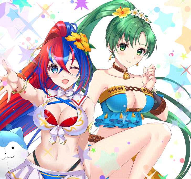 2girls ;d alear_(female)_(fire_emblem) ball beachball bikini blue_bikini blue_eyes blue_hair breasts character_ball cleavage closed_mouth crossed_bangs earrings female_alear_(fire_emblem) female_alear_(seaside_dragon)_(fire_emblem) fire_emblem fire_emblem:_the_blazing_blade fire_emblem_engage fire_emblem_heroes flower green_eyes green_hair hair_between_eyes hair_flower hair_ornament high_ponytail jewelry kakiko210 large_breasts long_hair looking_at_viewer lyn_(fire_emblem) lyn_(lady_of_the_beach)_(fire_emblem) multicolored_hair multiple_girls navel nintendo official_alternate_costume official_alternate_hairstyle one_eye_closed open_mouth outstretched_hand ponytail red_bikini red_hair smile sommie_(fire_emblem) split-color_hair star_(symbol) swimsuit two-tone_hair very_long_hair white_bikini