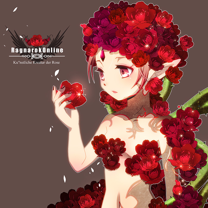1girl brown_background commentary_request copyright_name entweihen_crothen flower gem german_text holding holding_flower humanization monster_girl nip_sakazuki nude open_mouth pink_eyes pink_hair plant_girl pointy_ears ragnarok_online red_flower rose short_hair solo sparkle thorns translated upper_body