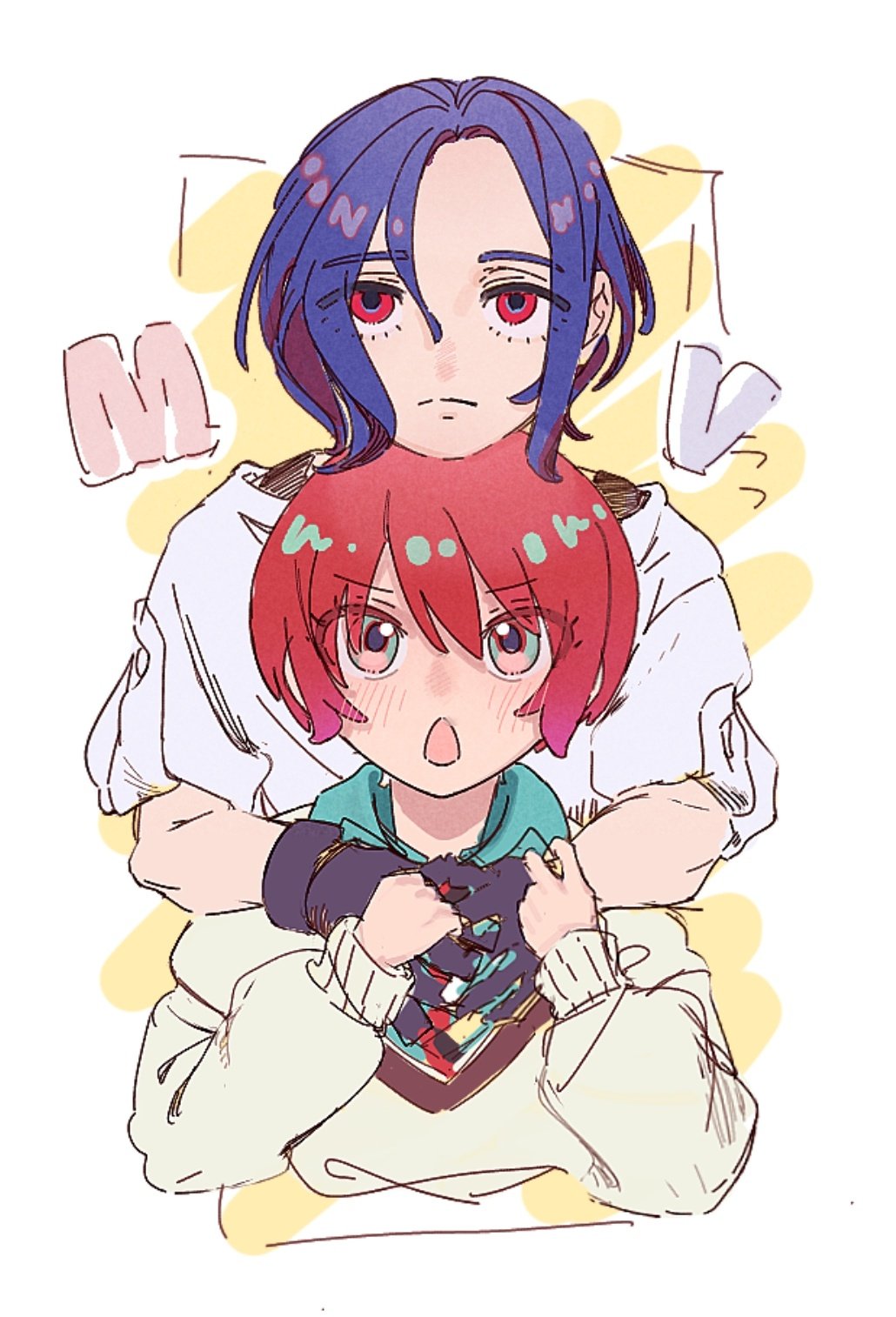 1boy 1girl amate_yuzuriha aqua_eyes blue_hair blush chin_rest collared_shirt colored_inner_hair gundam gundam_gquuuuuux head_on_head head_rest highres hug hug_from_behind jikokyu_sai long_sleeves lower_eyelashes_only multicolored_hair open_mouth purple_hair red_eyes red_hair school_uniform shirt short_hair shuji_ito simple_background sweater two-tone_hair white_background white_shirt