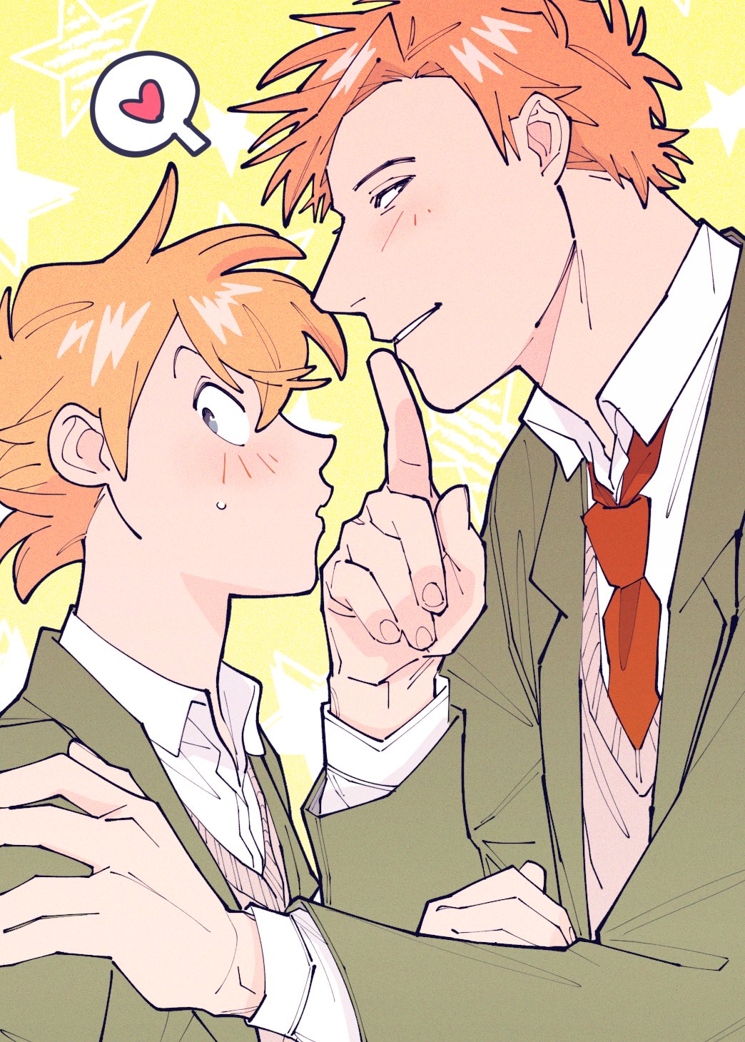 2boys blush br&#039;er_fox_(disney) brown_sweater_vest collared_shirt finger_to_mouth from_side grey_eyes grey_jacket hand_on_another&#039;s_shoulder heart highres humanization jacket looking_at_viewer male_focus multiple_boys necktie orange_hair parted_lips red_necktie robin_hood_(disney_character) robin_hood_(disney_movie) shirt short_hair shushing song_of_the_south spoken_heart star_(symbol) sweatdrop sweater_vest uochandayo white_shirt yaoi yellow_background