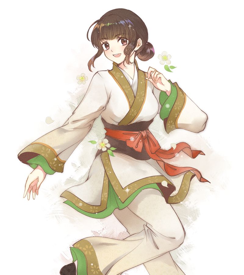 1girl black_eyes black_hair catbone chinese_clothes flower girdle looking_at_viewer open_mouth simple_background smile solo white_background xuan-yuan_sword